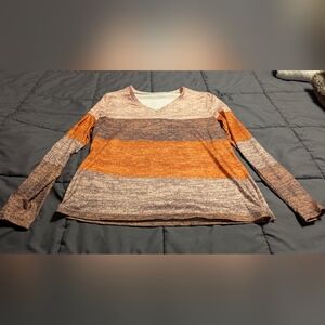TEMU Striped Orange Brown And Tan Women's Long Sleeve Top Size Large